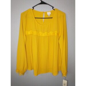NWT A New Day Mustard Yellow Lace Trim Long Sleeve Blouse Women’s Size S